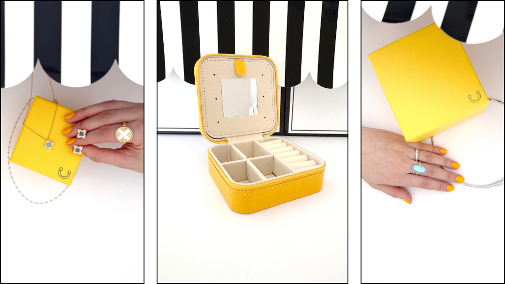 Yellow jewelery storage box and woman's hands holding jewelery