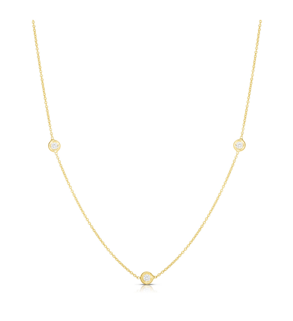 Roberto Coin 18K yellow gold Diamonds by the Inch 3-station diamond necklace — delicate chain with three bezel-set diamond